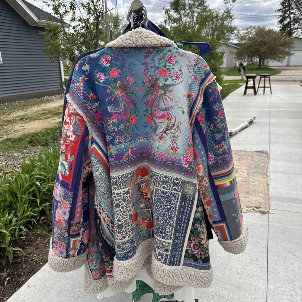 Johnny Was Anna Suede Sherpa Jacket LARGE Patchwork Print Floral - Picture 6 of 6